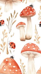 Watercolor patterns Seamless mushrooms and ladybugs. Watercolor Seamless Pattern of Red Mushrooms and Ladybugs