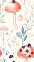 Watercolor patterns Seamless mushrooms and ladybugs. Watercolor Seamless Pattern with Red Mushrooms Ladybugs and Greenery