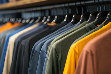 Fototapeta premium Colorful assortment of t-shirts hanging in a modern retail store, showcasing various styles and hues