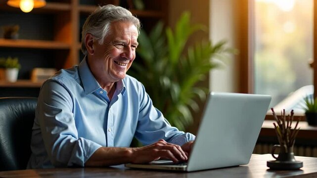 senior executive discussing business strategies online, concept of leadership and senior entrepreneurship, rotation