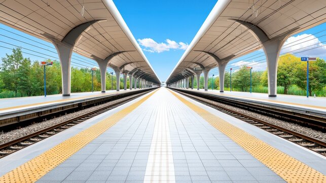 A long empty train station platform extends into the distance under a bright summer sky showcasing modern architecture and parallel train tracks on a sunny day.