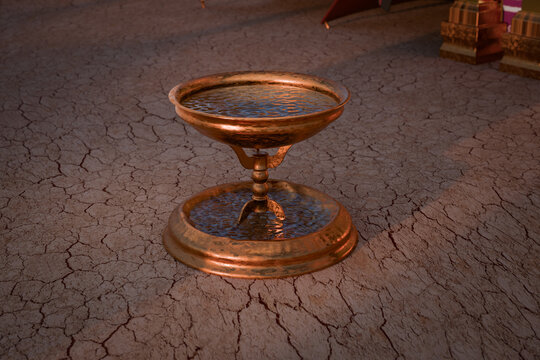 The brazen laver at the courtyard. Bible sanctuary in the wilderness, Old Testament scripture structure of tabernacle, as described in the book of the Exodus. 3d rendering biblical illustration.