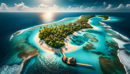 Travel & Nature

"A breathtaking aerial view of a tropical island with crystal-clear turquoise waters, white sandy beaches, and a wooden boardwalk stretching into the ocean."