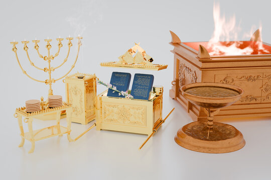 The articles of furniture in the tabernacle built in the time of Moses, also called Sanctuary. 3d rendering biblical illustration. Ark, Lampstand, Table, Altars, Laver