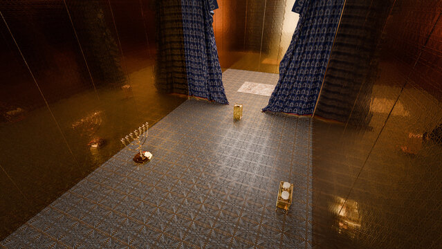 A view inside of Herod's Temple, open veil to the Most Holy Place. In the Christian Gospels, it was torn from top to bottom at the death of Jesus on the cross of Calvary. 3d rendering illustration.