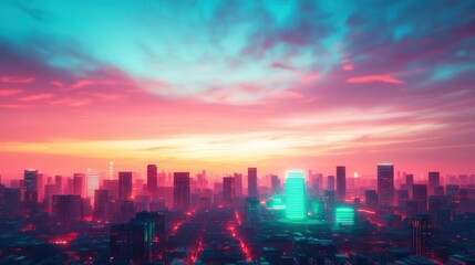 Fototapeta premium A cyber-fantasy metropolis powered by green energy, glowing under a twilight sky