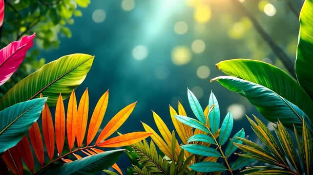 lush tropical leaves in vivid colors, illuminated by sunlight, concept of gardening and eco-tourism, copy space, zoom in