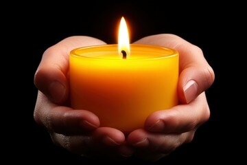 Hands gently hold a burning yellow candle
