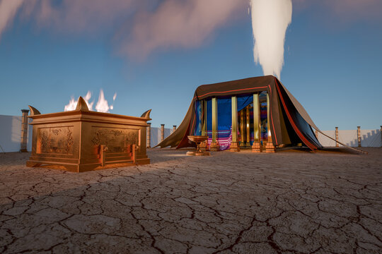 View of the courtyard of the sanctuary, showing the altar of sacrifice or burnt offering and the brazen laver. The curtain to the Holy Place is opened. 3d rendering biblical illustration.