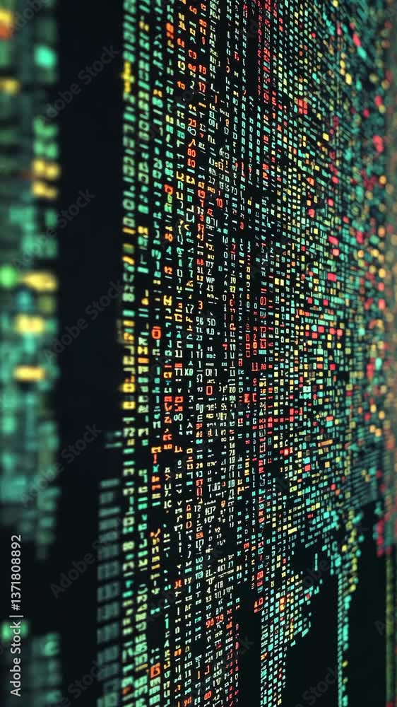 Poster data streams illuminated on a digital display showcasing vibrant coding patterns in a modern tech en