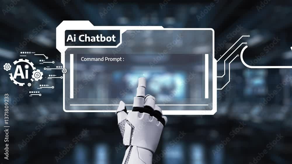 Poster a robot hand interacts with a holographic ai chatbot interface displaying a command prompt, set agai