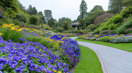 A scenic botanical garden bursting with colorful flowers in full bloom, featuring a winding stone pathway through lush greenery and vibrant blossoms under a calm blue sky.