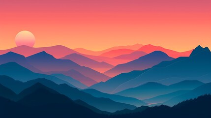 Fototapeta premium Vibrant sunrise over mountains with rolling hills in flat style