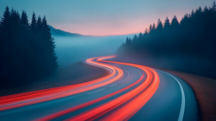 Night Highway Scene with Red Tail Lights and Fog