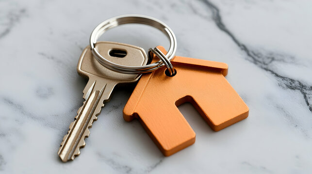 Golden House-Shaped Key Fob with Key on Marble Surface