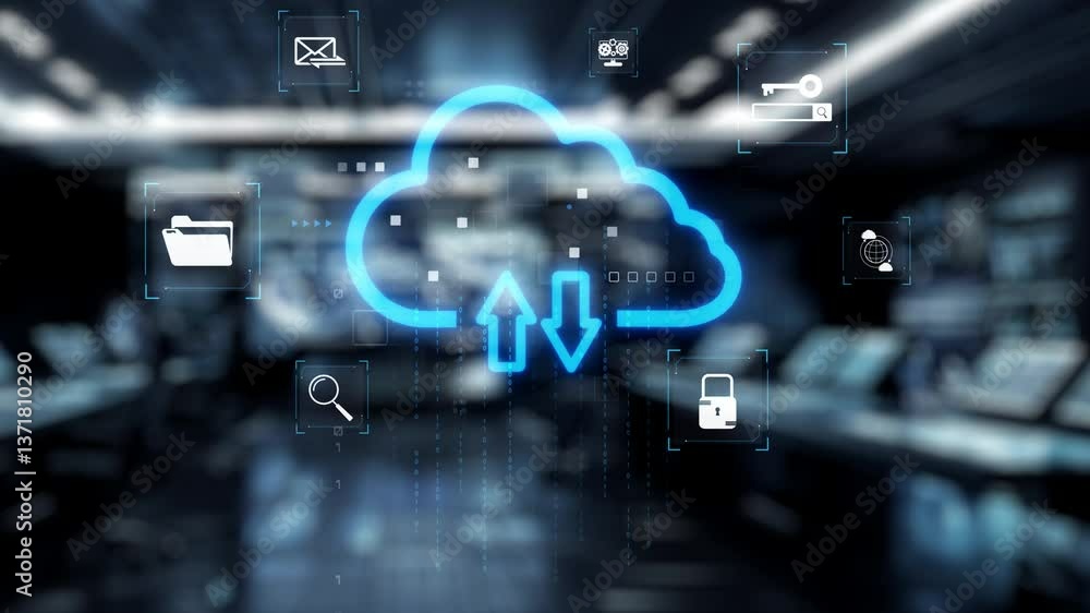 Poster a robotic hand interacts with a vibrant cloud interface, symbolizing data transfer and technological