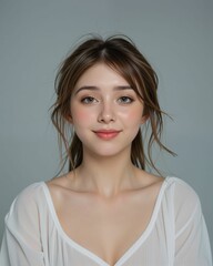 Fototapeta premium A serene portrait of a young woman with flowing hair and a gentle smile, wearing a light, sheer top against a soft gray background.