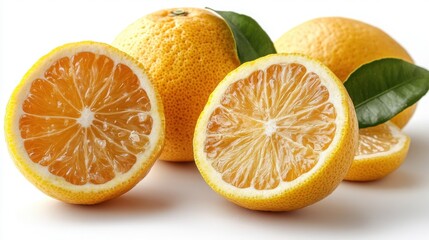 Juicy Citrus Fruits Halved Oranges and Whole Oranges with Green Leaves on White Background