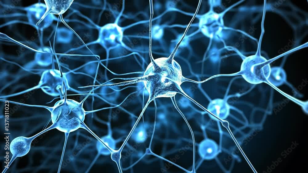 Poster blue neurons interconnected in a digital representation illustrating neural activity and brain funct