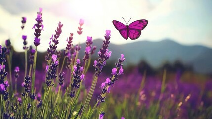 Lavender Field with Purple Butterfly  Summer Meadow  Nature Scene