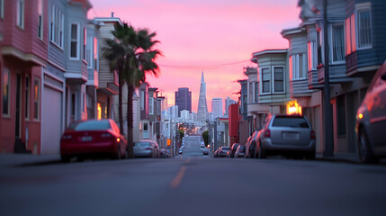 Obraz premium Pink Sunset Over City Street with Parked Cars