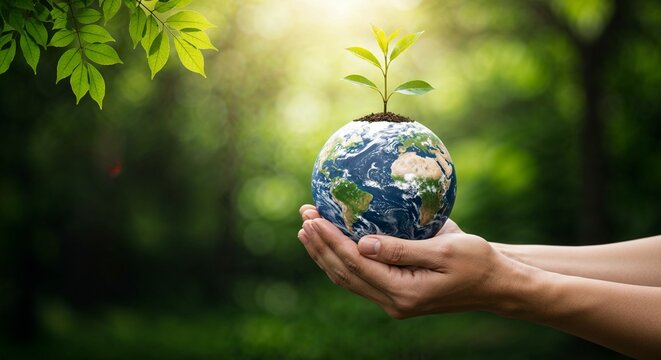 Hands holding a mini planet with green sprout in lush forest