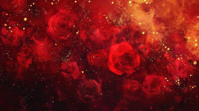 Elegant watercolor background featuring a cascade of deep red roses with delicate petals, golden sparkles, and a soft romantic glow, perfect for Valentine Day.