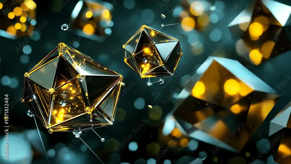Poster geometric crystals and golden lights create a mesmerizing abstract visual display in a dynamic 3d en