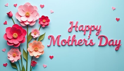 Colorful paper flowers with text Happy Mother's Day on blue background