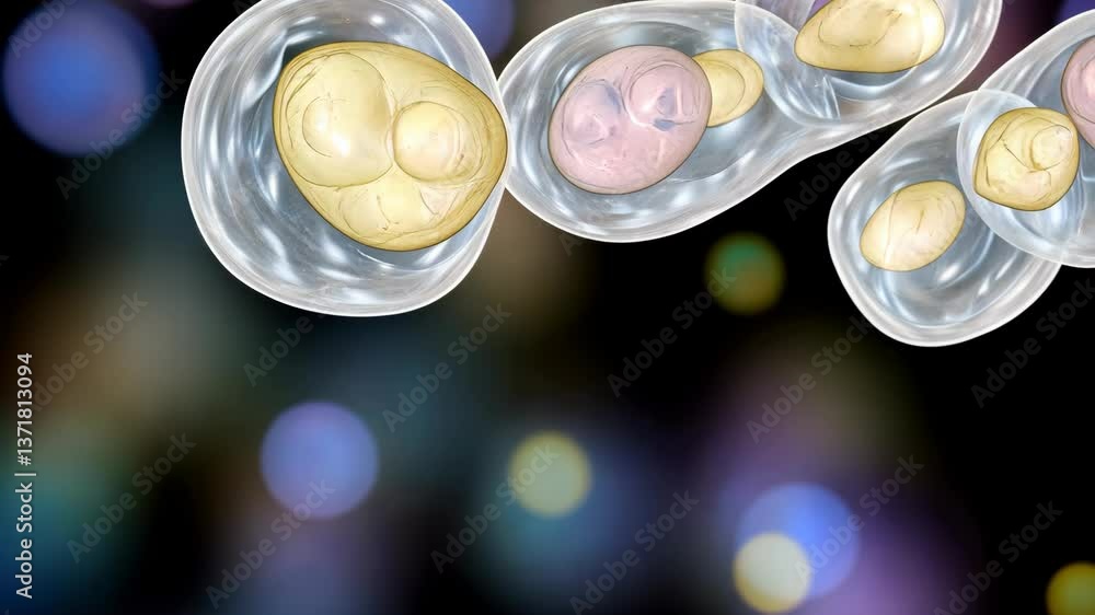 Poster microscopic view of cellular structures showcasing diverse shapes and colors in a scientific researc