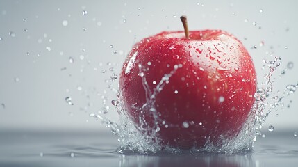Fresh apple levitating with dynamic water splashes surrounding them, set against a light grey background, isolated with copy space.