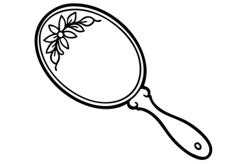 hand mirror with floral engravings line art vector illustration