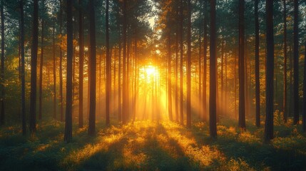 Fototapeta premium Tranquil Spring Forest with Sunlit Brook and Tall Pine Trees