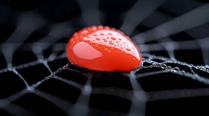 Red Drop on Black Spiderweb Background