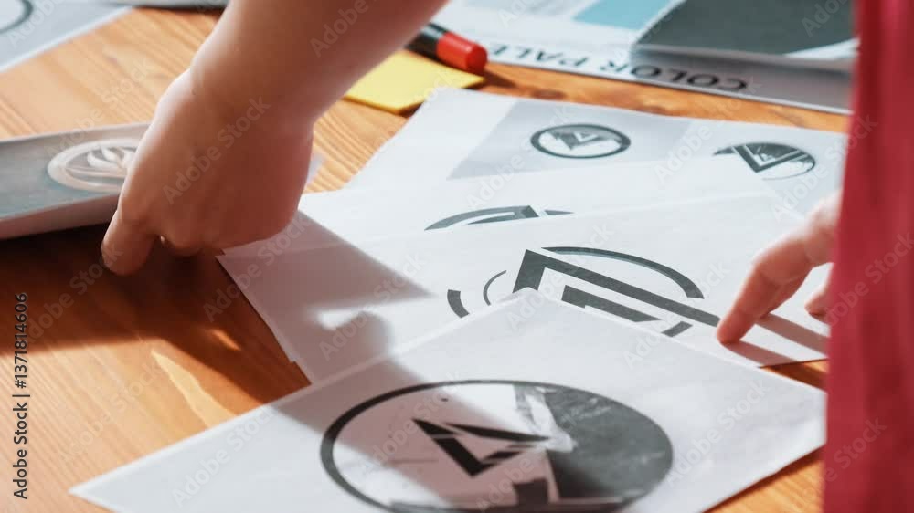 Poster top view of business people working together to choosing color from color palette. project manager p