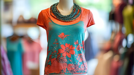 Obraz premium Colorful floral t-shirt displayed on a mannequin in a vibrant clothing store with blurred background