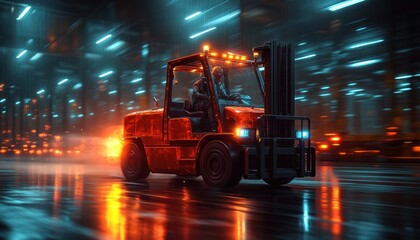 Dynamic Conceptual View of a Modern Warehouse with a Forklift in Motion