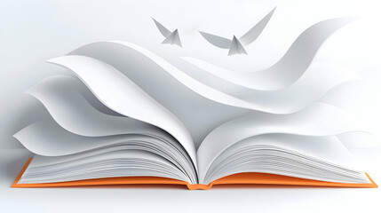 Open Book with White Paper Birds Flying from Pages on White Background