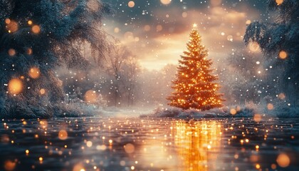 Illuminated Christmas Tree in a Snowy Winter Landscape with Golden Lights and Soft Bokeh Effects