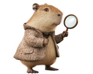 capybara dressed as detective, holding tiny magnifying glass, exudes curiosity and charm. This whimsical character is perfect for storytelling and imaginative themes