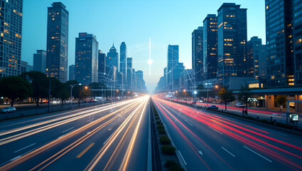 Obraz premium Photo realistic as Top view of a cityscape with overlay of smart traffic systems symbolizing advanced transportation in double exposure with copy space. concept as A top view of a cityscape intertwine