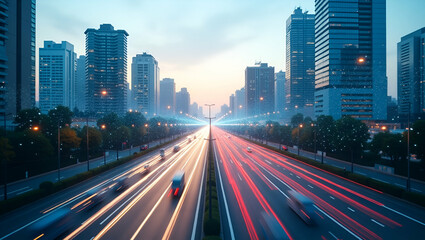 Obraz premium Photo Realistic Top View of a Cityscape with Smart Traffic Systems: Advanced Transportation and Urban Mobility Concept for Stock Photography with Copy Space