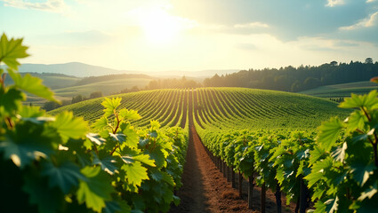 Fototapeta premium Photo realistic as Top view of a vineyard with automated pruning overlay symbolizing smart vineyard management in double exposure with copy space. concept as A top view of a vineyard intertwined with 