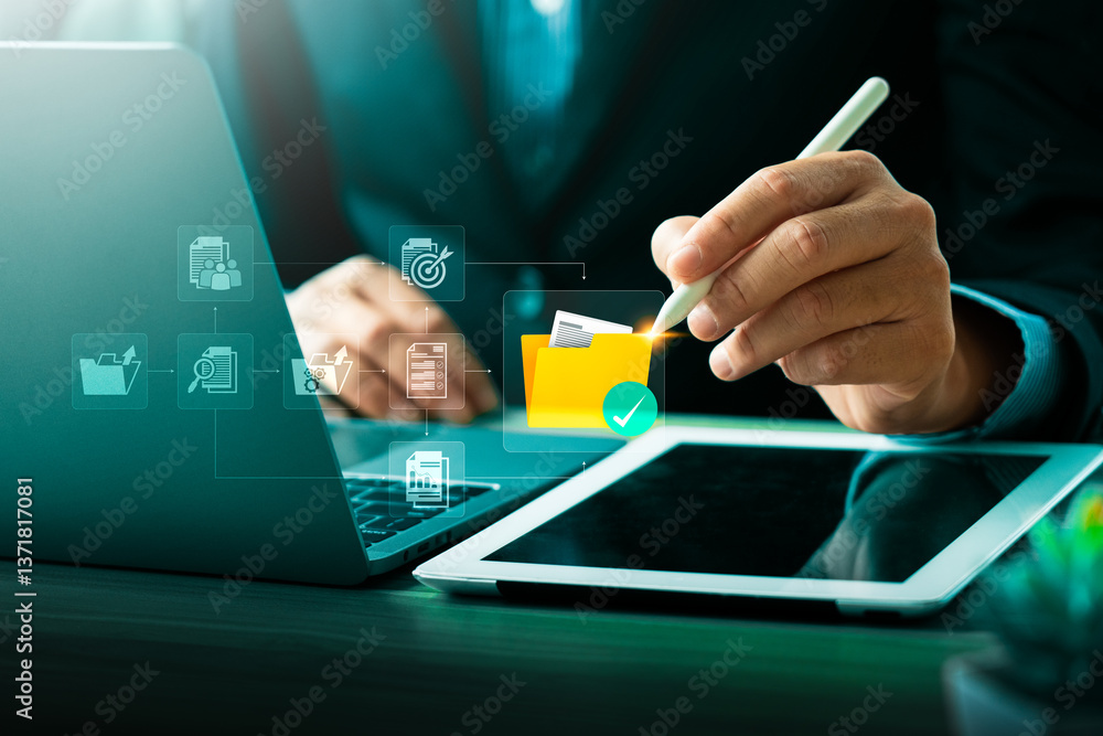 Aufkleber businessman using cloud computing for secure digital file management on laptop, enhancing remote wor