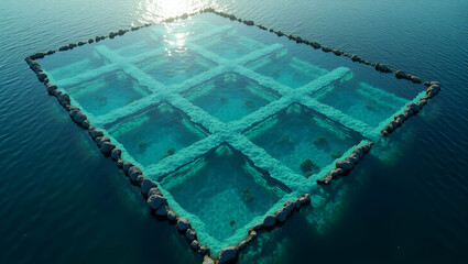 Explore a photo realistic top view of an aquaculture farm, showcasing data-driven practices and smart fish farming with ample space for your text.