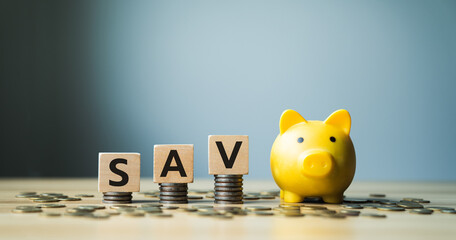 Savings and financial growth concept with wooden blocks spelling 