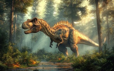 Torosaurus Ceratopsian Dinosaur in Prehistoric Forest with Lush Greenery and Morning Sunlight