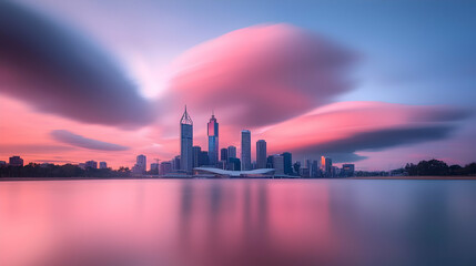 Fototapeta premium Pink And Purple Sunrise Skyline Reflection