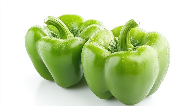 Two fresh green bell peppers with water droplets on white background.