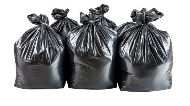 Three full black trash bags ready for disposal waste removal cleaning